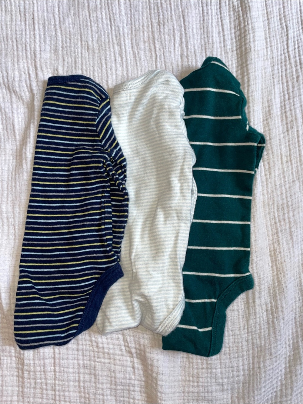 Bundle of Baby Bot Three-Pack Striped & Solid Bodysuits in Navy, White & Green
